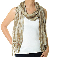 Cotton batik scarf, 'Olive Paths' - Hand Dyed Olive Green and White Cotton Gauze Scarf
