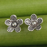 Sterling silver flower earrings, 'Tribal Daisies' - Karen Hill Tribe Jewellery Sterling Silver Button Earrings