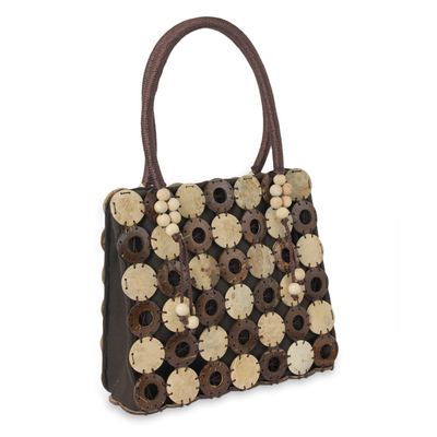 Coconut shell handbag, 'Naturally Great' - Fair Trade Thai Coconut Shell and Brown Cotton Handbag