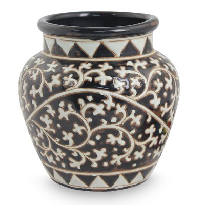 Ceramic vase, 'Coffee Vines' - Handcrafted Dark Brown Ceramic Vase with White Flowers