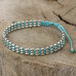 Silver beaded cord bracelet, 'Friendly Blue' - Light Blue Macrame Adjustable Bracelet with 950 Silver Beads