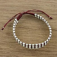 Silver beaded cord bracelet, 'Friendly Red' - Handmade Silver 950 Bead and Red Cord Bracelet