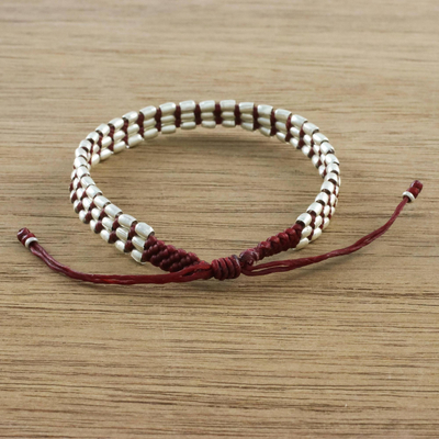 Silver beaded cord bracelet, 'Friendly Red' - Handmade Silver 950 Bead and Red Cord Bracelet
