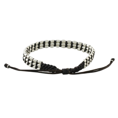 Silver beaded cord bracelet, 'Friendly Brown' - Dark Brown Macrame Bracelet with Silver 950 Beads