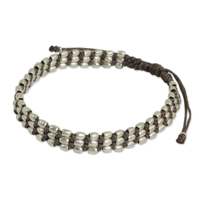 Silver beaded cord bracelet, 'Friendly Taupe' - Fair Trade Taupe Cord Bracelet with Silver 950 Beads