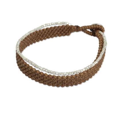 Silver beaded wristband bracelet, 'Blithe Brown' - Silver 950 Hill Tribe Beaded Brown Cord Bracelet