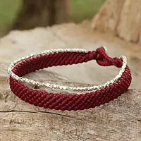 Silver beaded wristband bracelet, 'Blithe Red' - Women's Red Wristband Bracelet with Silver Beads