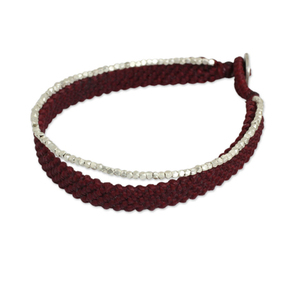 Silver beaded wristband bracelet, 'Blithe Red' - Women's Red Wristband Bracelet with Silver Beads