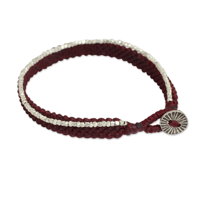 Silver beaded wristband bracelet, 'Blithe Red' - Women's Red Wristband Bracelet with Silver Beads