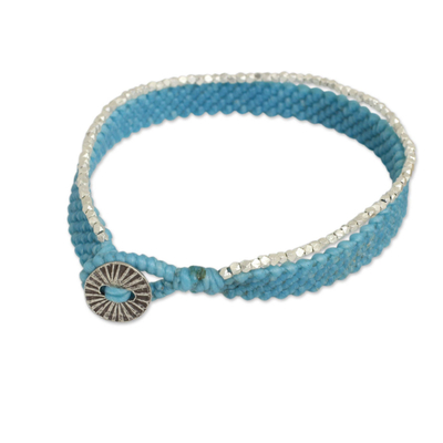Silver beaded wristband bracelet, 'Blithe Blue' - Artisan Crafted Cord Bracelet with Hill Tribe Silver Beads
