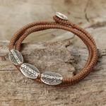 Silver beaded wrap bracelet, 'Chiang Mai Tan' - Handmade Tan Cord Wrap Bracelet with 950 Silver Beads