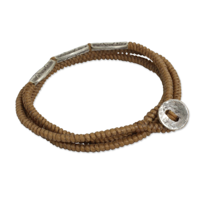 Silver beaded wrap bracelet, 'Chiang Mai Tan' - Handmade Tan Cord Wrap Bracelet with 950 Silver Beads
