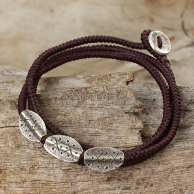 Silver beaded wrap bracelet, 'Chiang Mai Brown' - Fair Trade Thai Wrap Bracelet with Brown Cord and 950 Silver