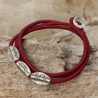 Silver beaded wrap bracelet, 'Chiang Mai Red' - Silver 950 and Red Cord Wrap Bracelet from Thailand