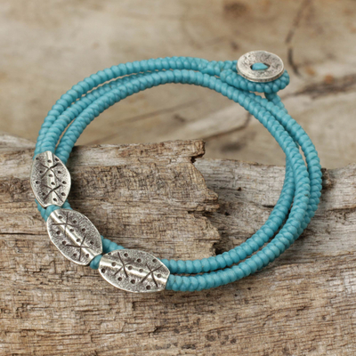Silver beaded wrap bracelet, 'Chiang Mai Blue' - Light Blue Cord Wrap Bracelet with Silver 950 Pendants