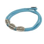 Silver beaded wrap bracelet, 'Chiang Mai Blue' - Light Blue Cord Wrap Bracelet with Silver 950 Pendants