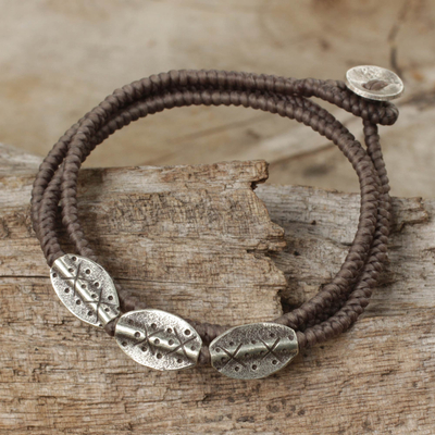 Silver beaded wrap bracelet, 'Chiang Mai Taupe' - Handmade Taupe Cord Wrap Bracelet with Silver Beads