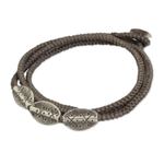 Silver beaded wrap bracelet, 'Chiang Mai Taupe' - Handmade Taupe Cord Wrap Bracelet with Silver Beads
