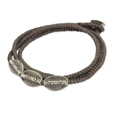 Handmade Taupe Cord Wrap Bracelet with Silver Beads