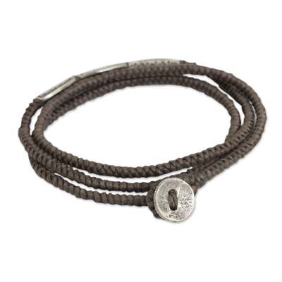 Silver beaded wrap bracelet, 'Chiang Mai Taupe' - Handmade Taupe Cord Wrap Bracelet with Silver Beads