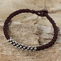 Silver beaded cord bracelet, 'Tribal Flowers in Brown' - Silver 950 and Dark Brown Cord Bracelet from Thailand