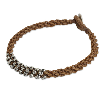 Handwoven Cord Bracelet in Tan with Silver Beads