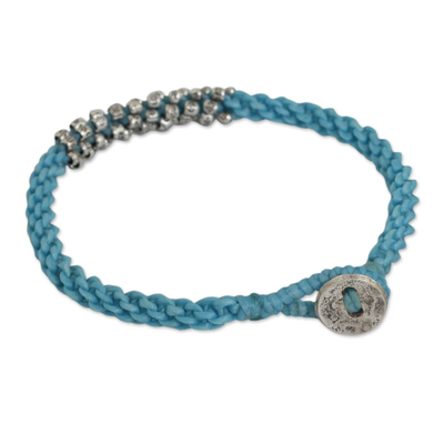 Silver beaded cord bracelet, 'Tribal Flowers in Blue' - Handmade 950 Silver Beaded Light Blue Cord Bracelet