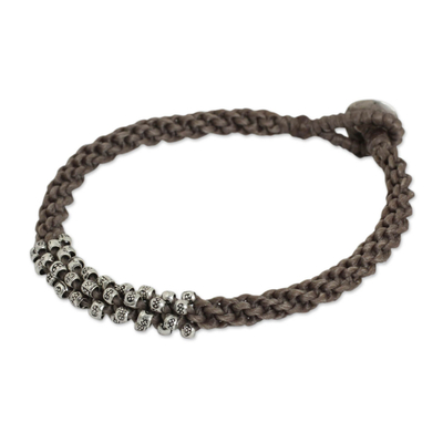 Braided Gray Cord Bracelet with Silver 950 Floral Beads