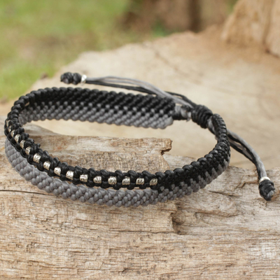 Silver beaded wristband bracelet, 'Amity in Black and Gray' - Artisan Crafted Black and Gray Cord Bracelet with Silver