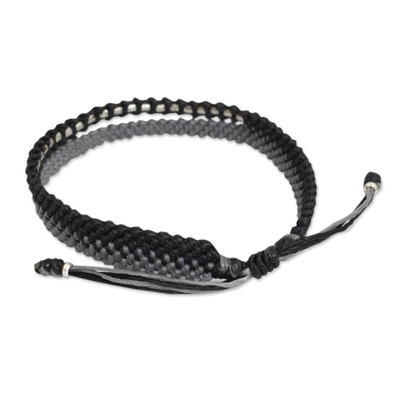 Silver beaded wristband bracelet, 'Amity in Black and Gray' - Artisan Crafted Black and Gray Cord Bracelet with Silver
