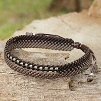 Silver beaded wristband bracelet, 'Amity in Brown and Taupe'