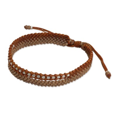 Silver beaded wristband bracelet, 'Amity in Copper and Tan' - Beaded Rust and Tan Cord Bracelet from Thai Artisan