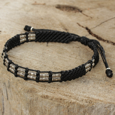 Silver beaded cord bracelet, 'Affinity in Black' - Braided Black Cord and Hill Tribe Silver Bead Bracelet
