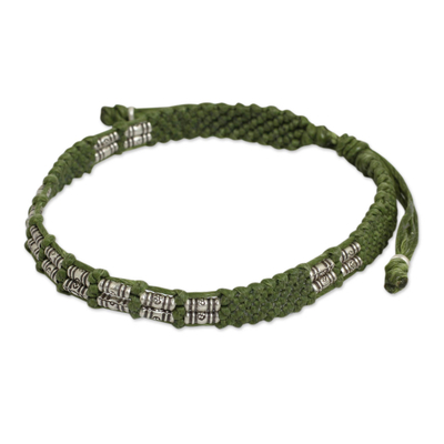 Silver beaded cord bracelet, 'Affinity in Green' - Green Cord Braided Bracelet Handmade in Thailand
