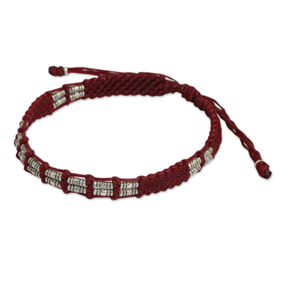 Silver beaded cord bracelet, 'Affinity in Red' - Thai Braided Red Cord Bracelet with 950 Silver Beads