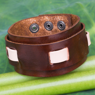 Men's leather wristband bracelet, 'Voyager' - Artisan Crafted Brown Leather Wristband Bracelet for Men