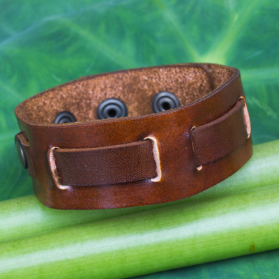 Men's leather wristband bracelet, 'Journey' - Fair Trade Men's Brown Leather and Brass Adjustable Bracelet