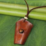 Tiger's eye and leather pendant necklace, 'Amulet' - Handmade Leather Necklace with Tiger's Eye and Wood Beads
