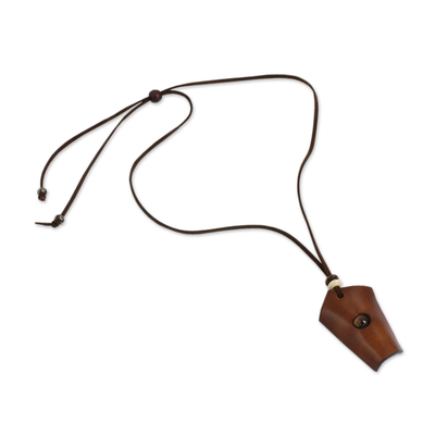 Tiger's eye and leather pendant necklace, 'Amulet' - Handmade Leather Necklace with Tiger's Eye and Wood Beads