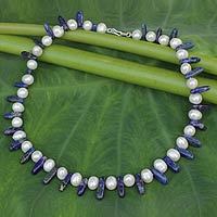 Lapis lazuli and pearl strand necklace, 'Devoted Love' - Beaded Lapis Lazuli and Pearl Necklace from Thailand