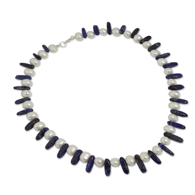 Lapis lazuli and pearl strand necklace, 'Devoted Love' - Beaded Lapis Lazuli and Pearl Necklace from Thailand