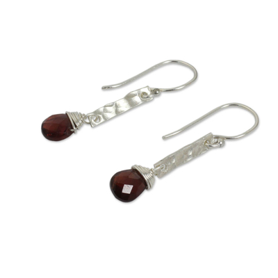 Garnet dangle earrings, 'Enchanted Love' - Hammered Sterling Silver and Garnet Dangle Earrings