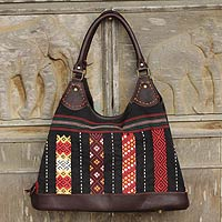 Cotton and leather shoulder bag, 'Naga Weave' - Naga Tribe Handmade Cotton and Leather Shoulder Bag