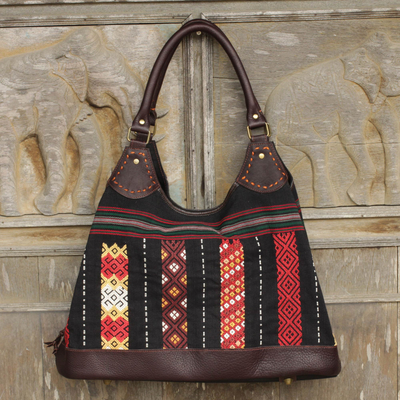 Dark Brown Leather Bag African Tribal Woven Vintage Print Handmade Shoulder Bag 