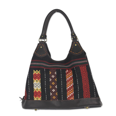 Naga Tribe Handmade Cotton and Leather Shoulder Bag - Naga Weave | NOVICA