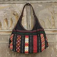 Bolso bandolera de algodón y piel - Bolso bandolera estilo tribu naga tailandesa hecho a mano