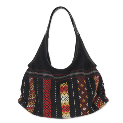 Cotton and leather shoulder bag, 'Naga Chic' - Handmade Thai Naga Tribe Style Shoulder Bag