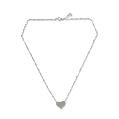 Sterling silver pendant necklace, 'Full Heart' - Contemporary Brushed Silver Heart Pendant Necklace