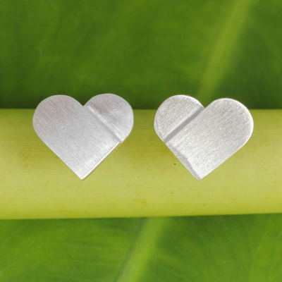 Sterling silver button earrings, 'Full Heart' - Artisan Crafted Silver Heart Earrings with Brushed Finish