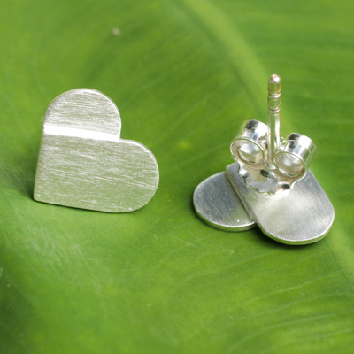 Sterling silver button earrings, 'Full Heart' - Artisan Crafted Silver Heart Earrings with Brushed Finish